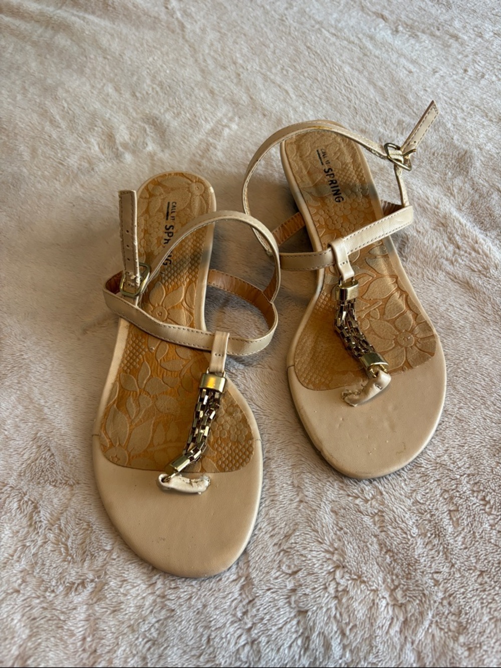 Call It Spring Beige T-Strap Sandals with Gold Chain Accent